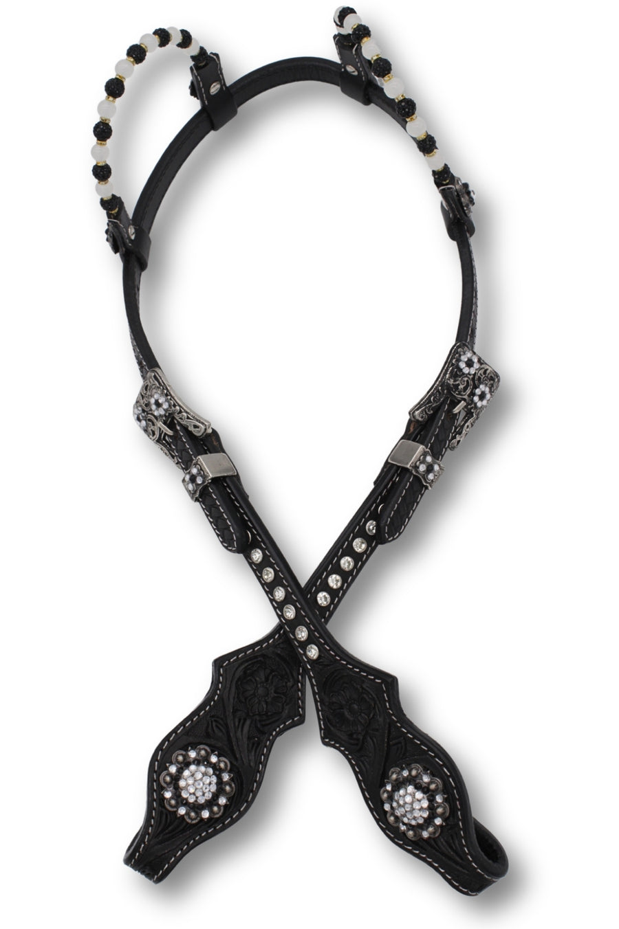 Bridon western deux oreilles noir, perles noires et blanches, strass