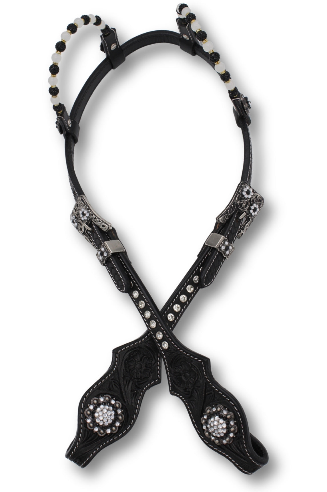 Bridon western deux oreilles taille trait noir, perles noires et blanches