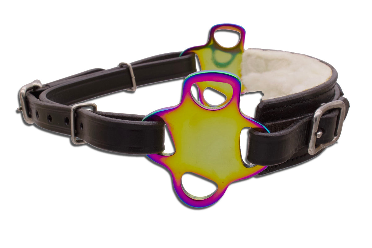 Hackamore à roue étoile irisé, muserolle rembourrée, cuir noir ou marron