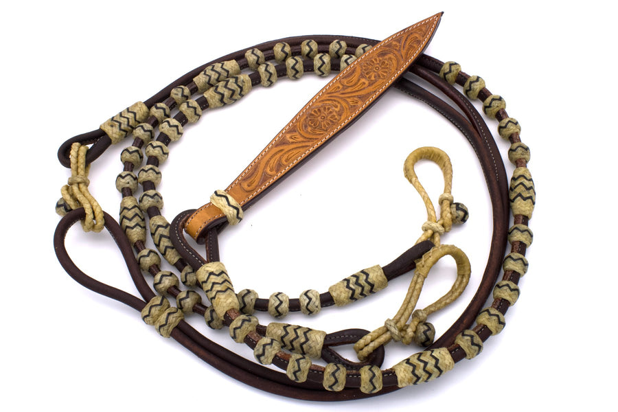 Rênes romal en cuir marron foncé cousu rond, boutons cuir brut