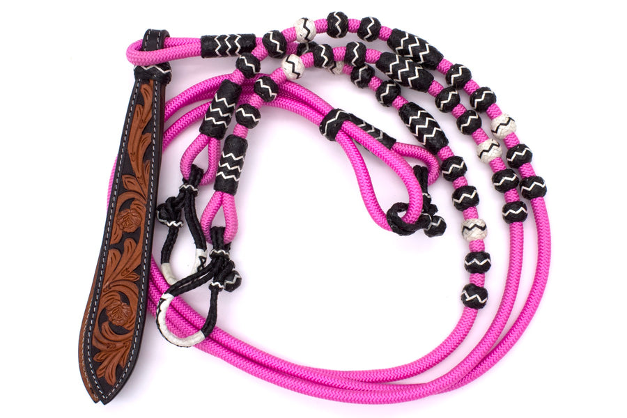 Rênes romal en nylon fuchsia, boutons en cuir brut, mèche estampée