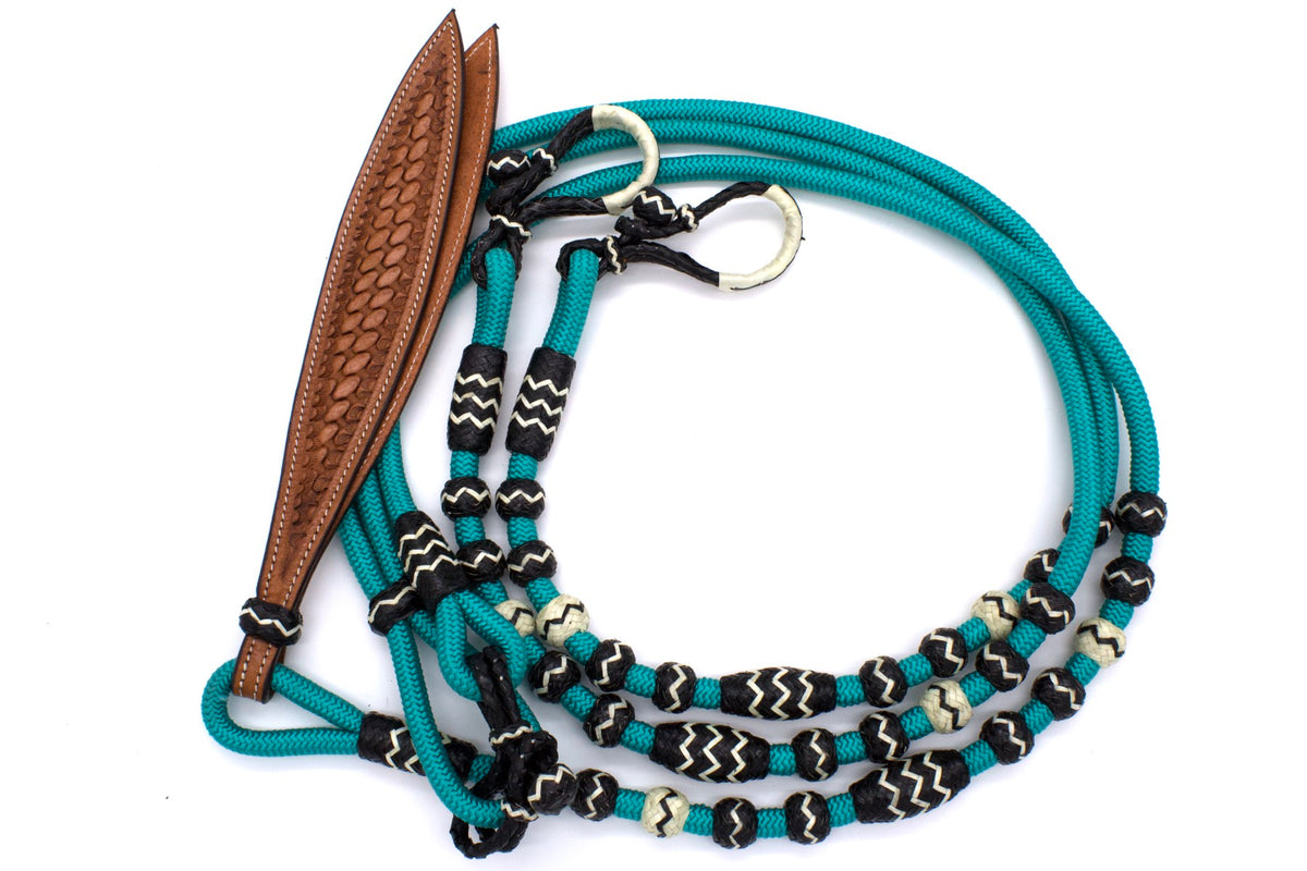 Rênes romal en nylon turquoise, boutons en cuir brut, mèche estampée
