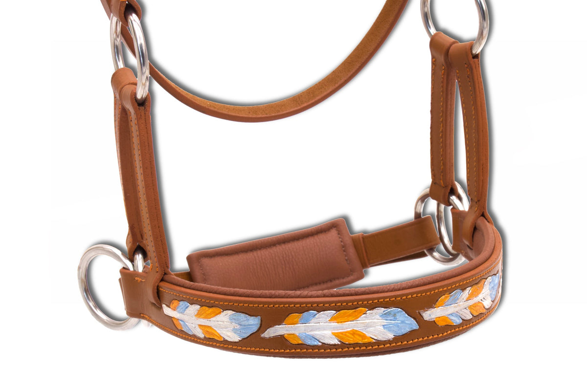 Side-pull western rembourré anatomique, plumes peintes, cuir cognac