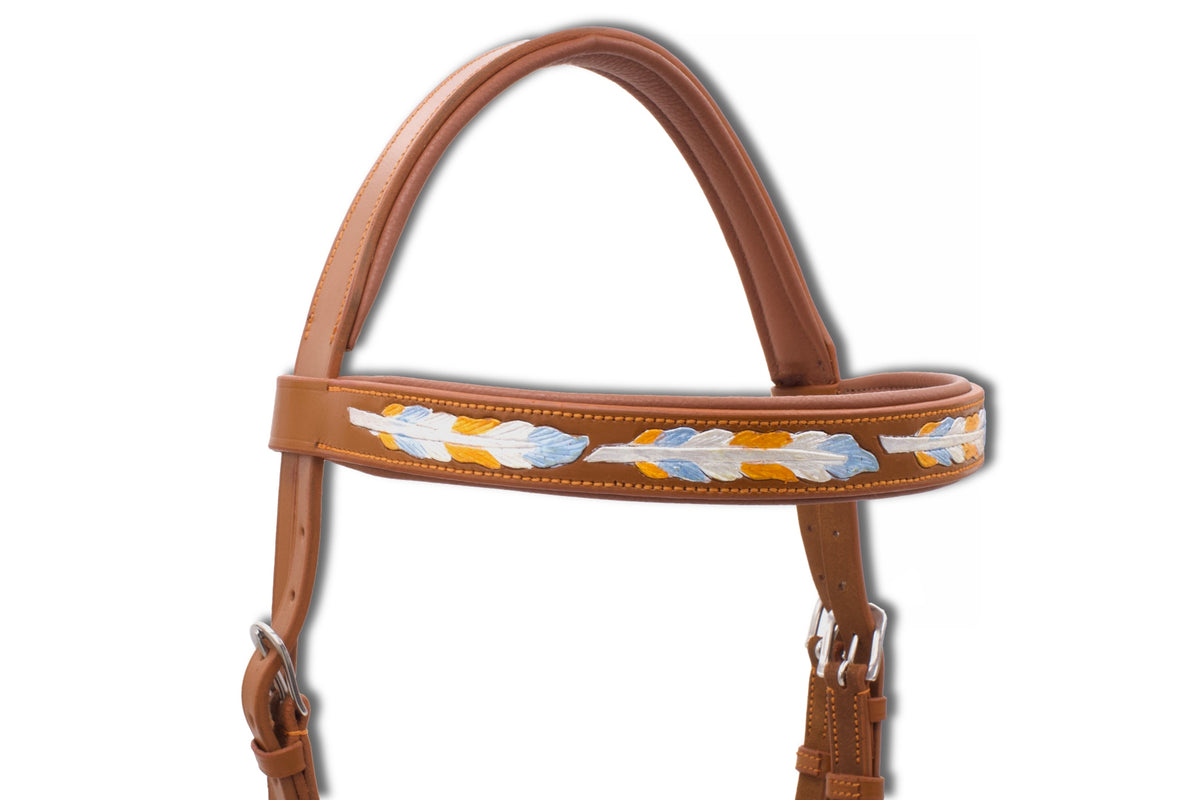 Side-pull western rembourré anatomique, plumes peintes, cuir cognac