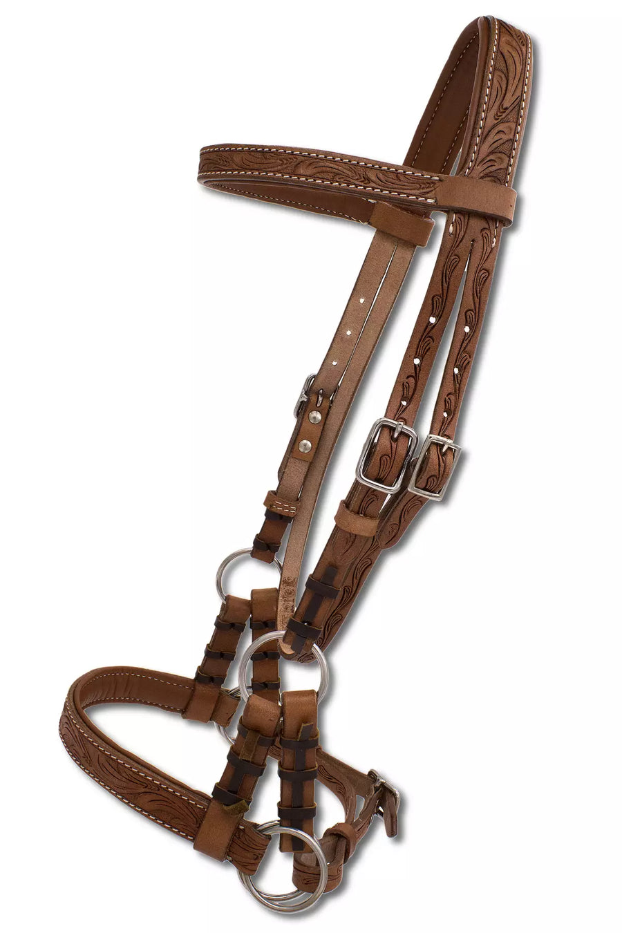 Side-pull western rembourré anatomique, cuir marron estampé floral