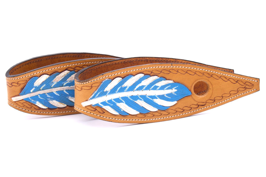 Slobber straps en cuir peint d'une plume bleue et blanche