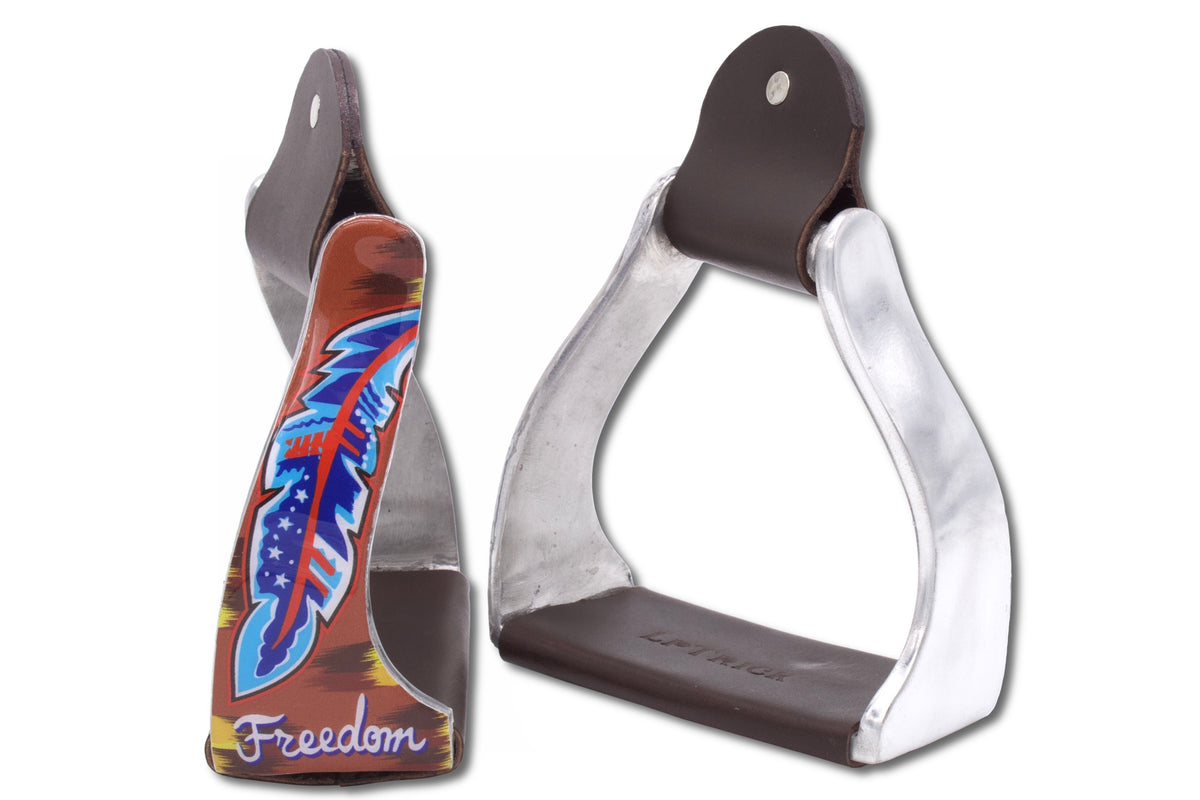 Étriers western twisted « Freedom » motif plume, aluminium et cuir