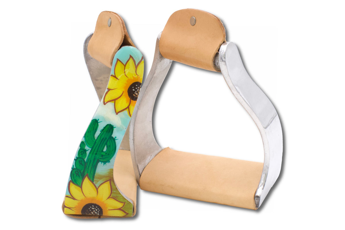 Étriers western twisted motif tournesol et cactus, aluminium et cuir