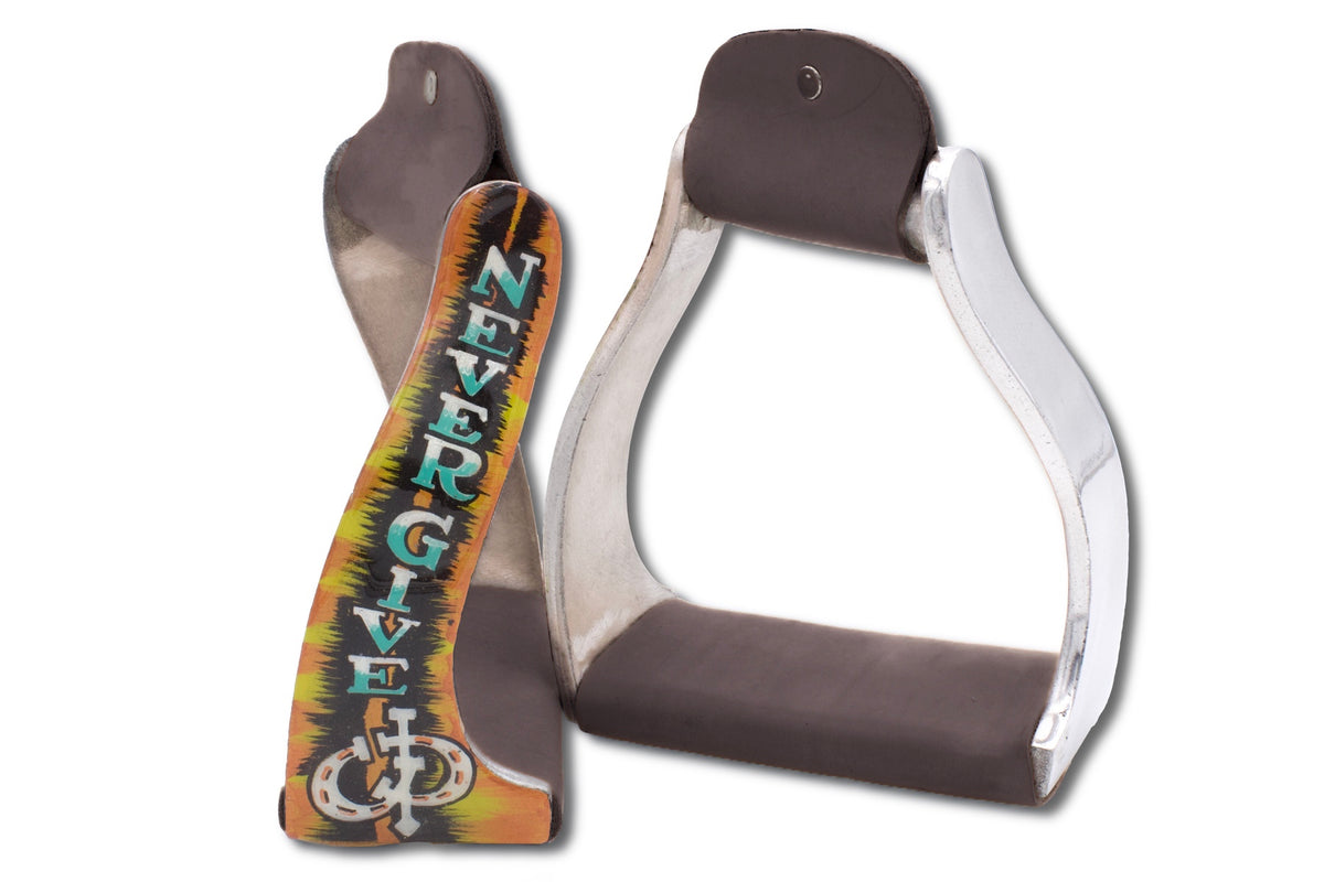 Étriers western twisted « Never give up », cuir marron foncé, la paire