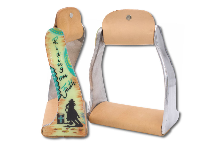 Étriers western twisted « Riding on Faith », aluminium et cuir décoré