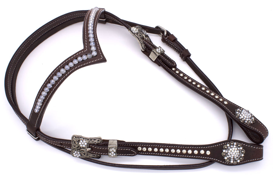 Bridon western frontal en V perlé, cuir marron foncé et strass clairs