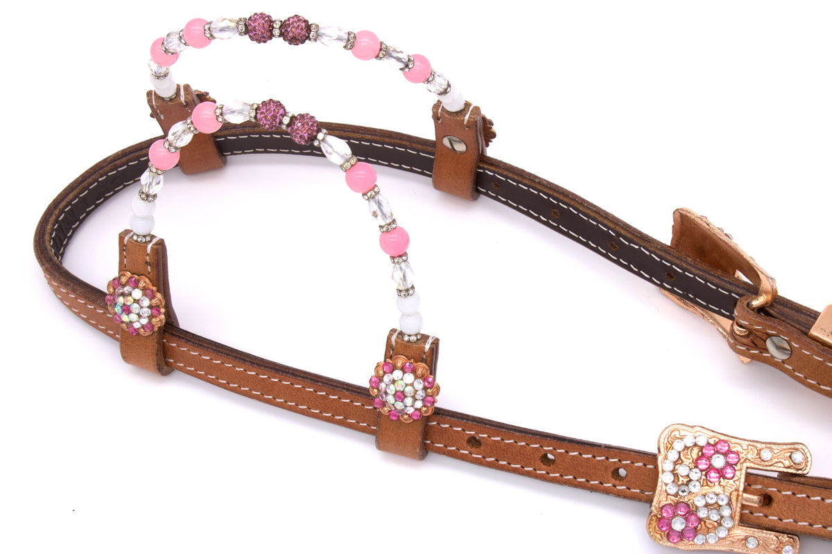 Bridon western deux oreilles marron, perles et strass rose et or rose