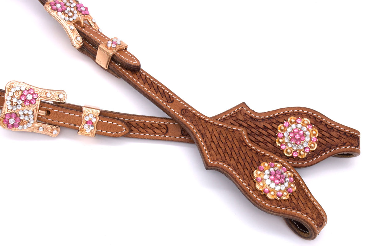 Bridon western deux oreilles marron, perles et strass rose et or rose