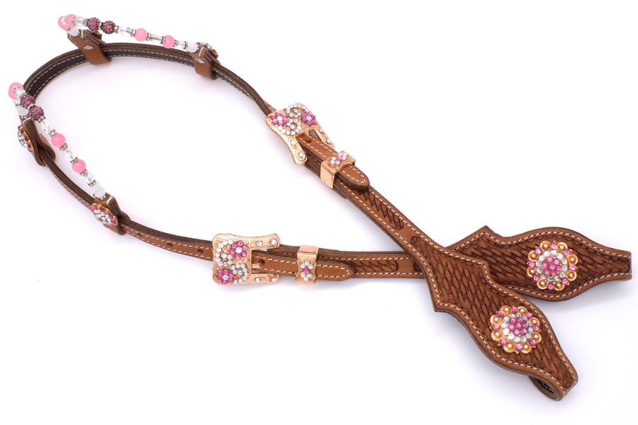 Bridon western deux oreilles marron, perles et strass rose et or rose