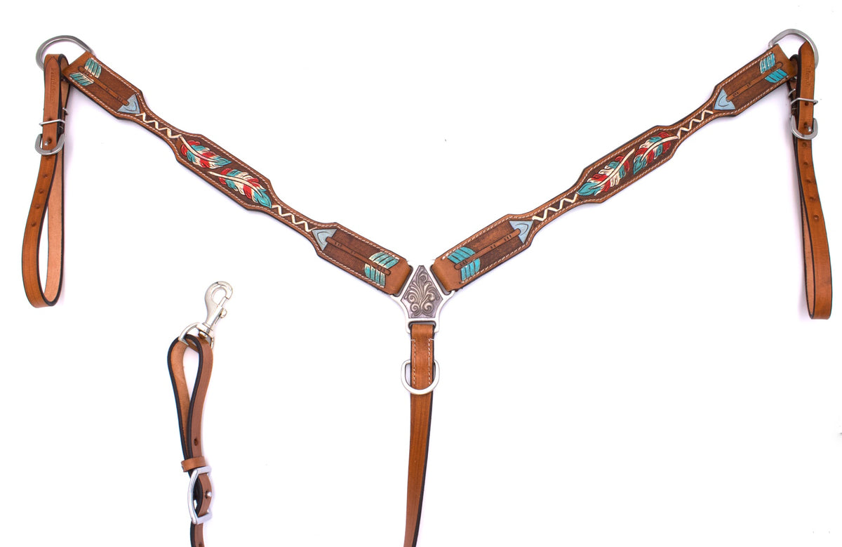 Ensemble western bridon et collier décor plumes et flèches, conchos rubans