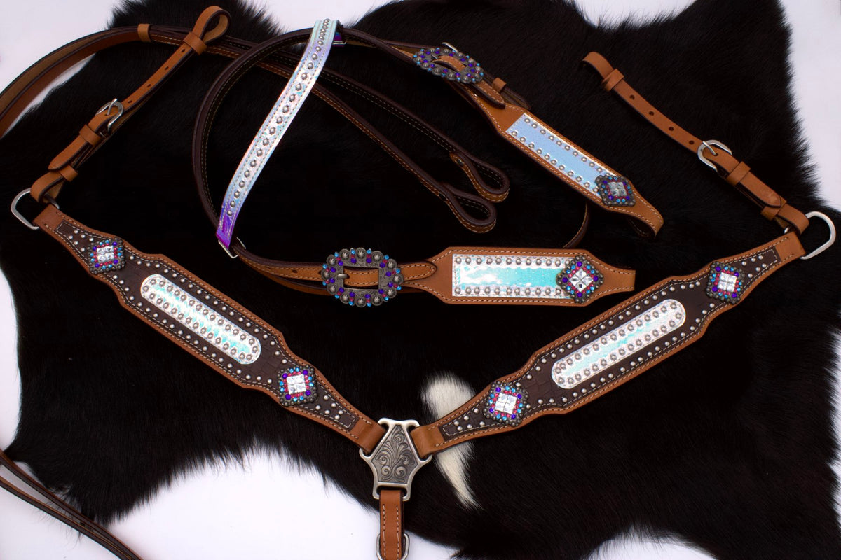 Ensemble western hologramme : bridon, collier et rênes, strass roses et bleus
