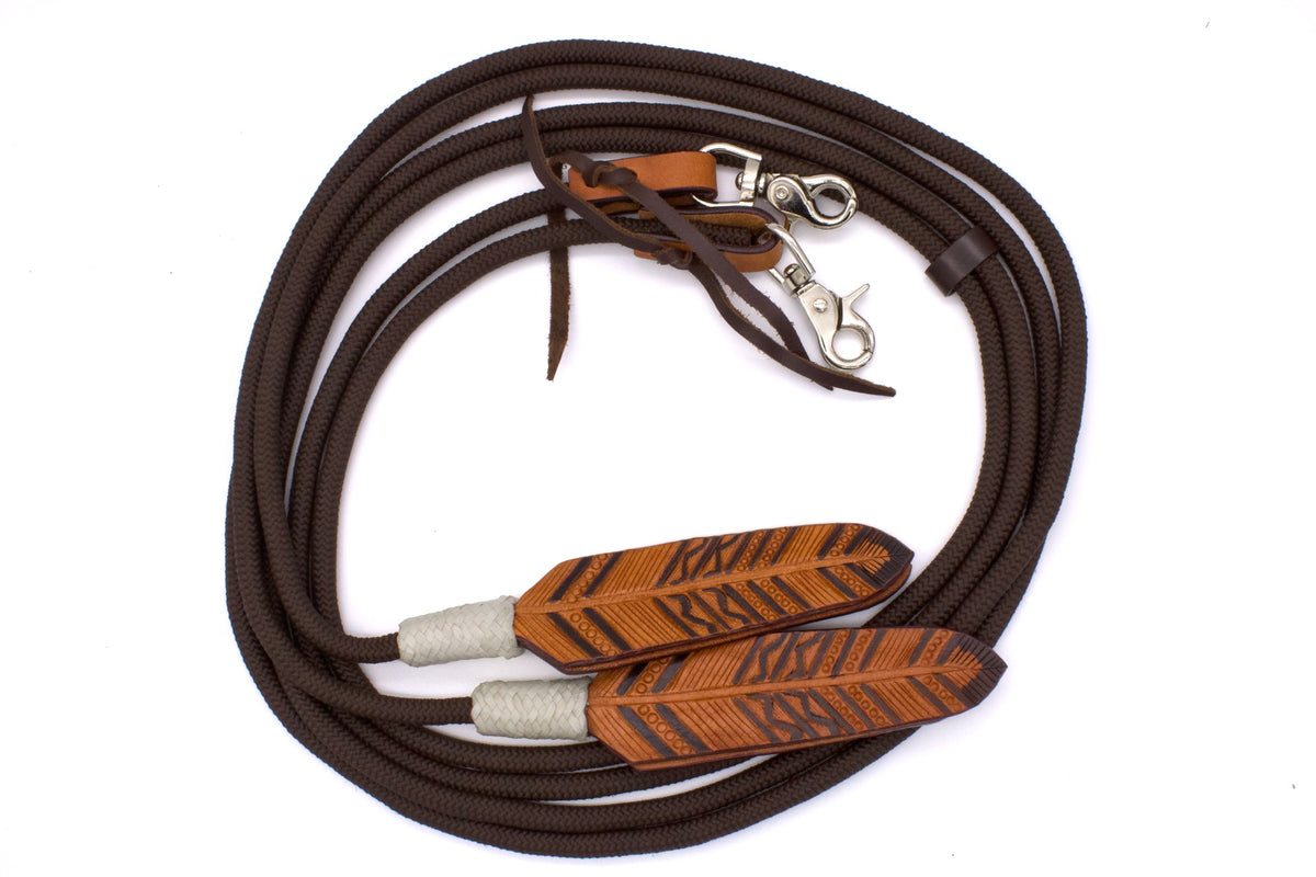 Rênes western fermées en nylon tressé, mèche plume en cuir, mousquetons