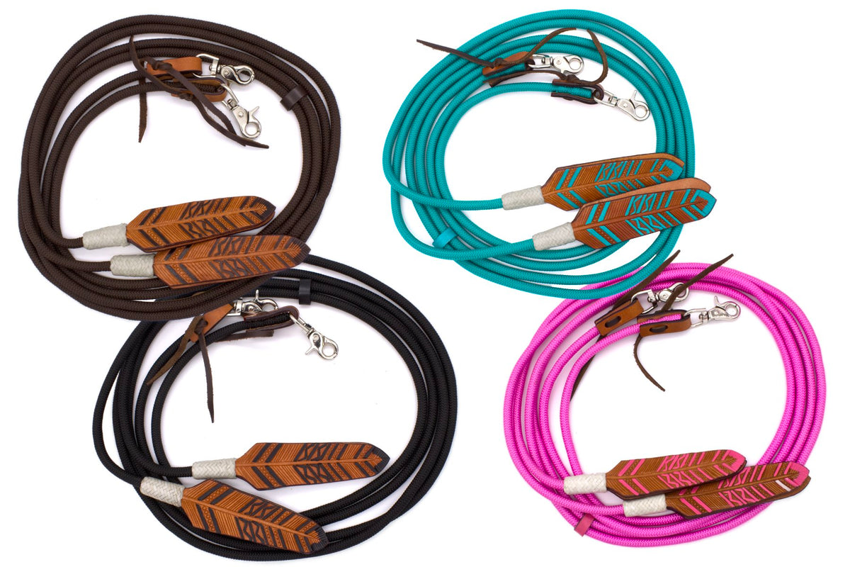 Rênes western fermées en nylon tressé, mèche plume en cuir, mousquetons
