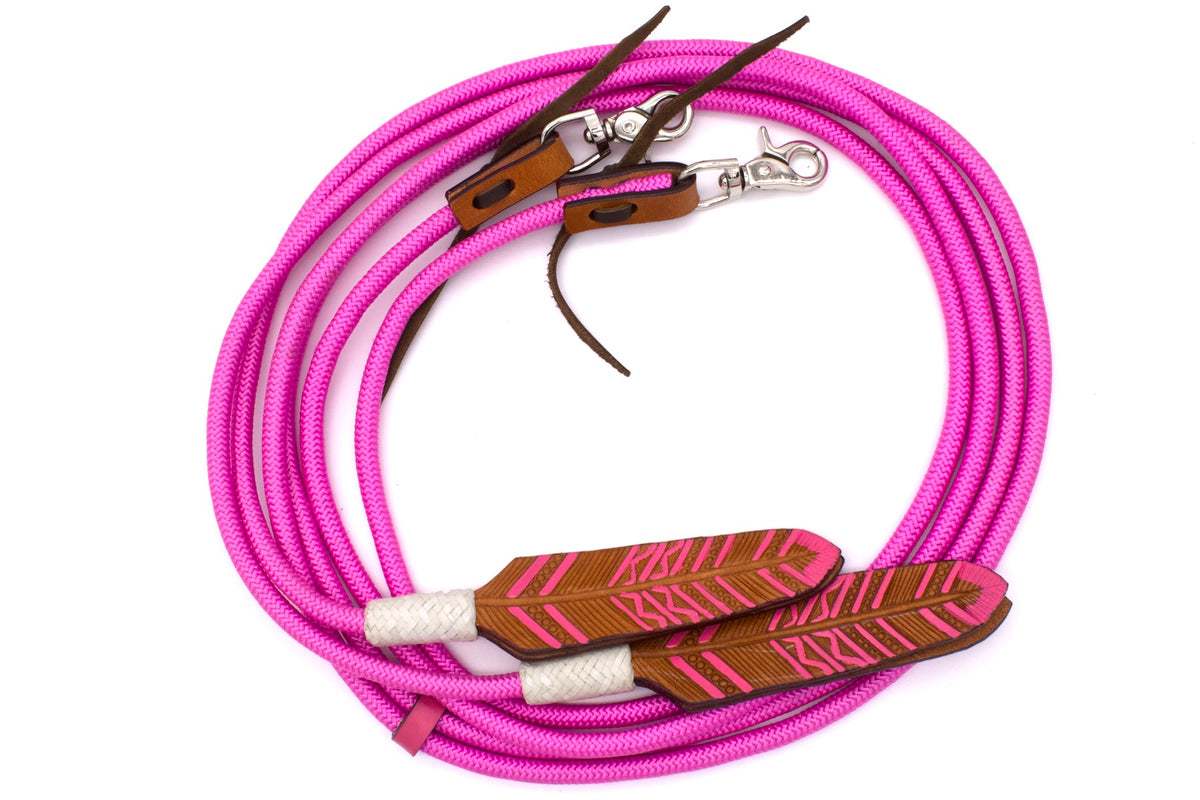 Rênes western fermées en nylon tressé, mèche plume en cuir, mousquetons