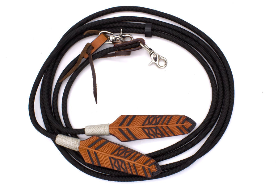 Rênes western fermées en nylon tressé, mèche plume en cuir, mousquetons