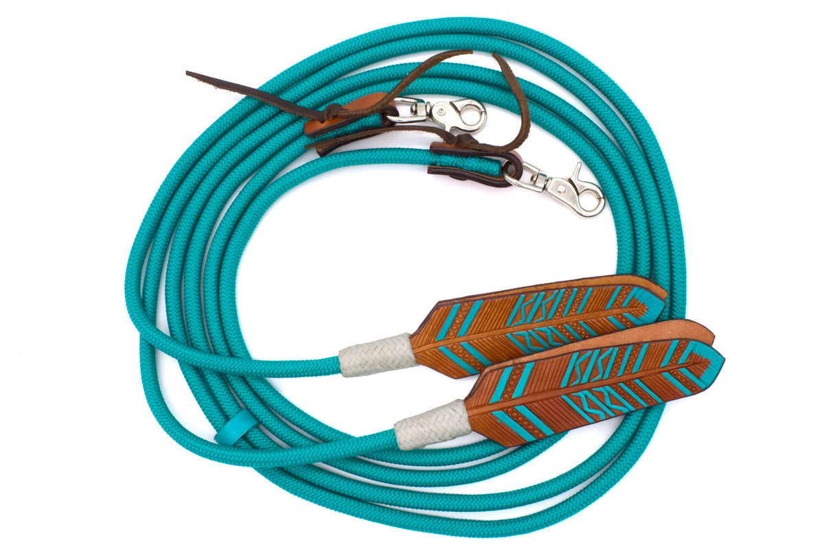 Rênes western fermées en nylon tressé, mèche plume en cuir, mousquetons