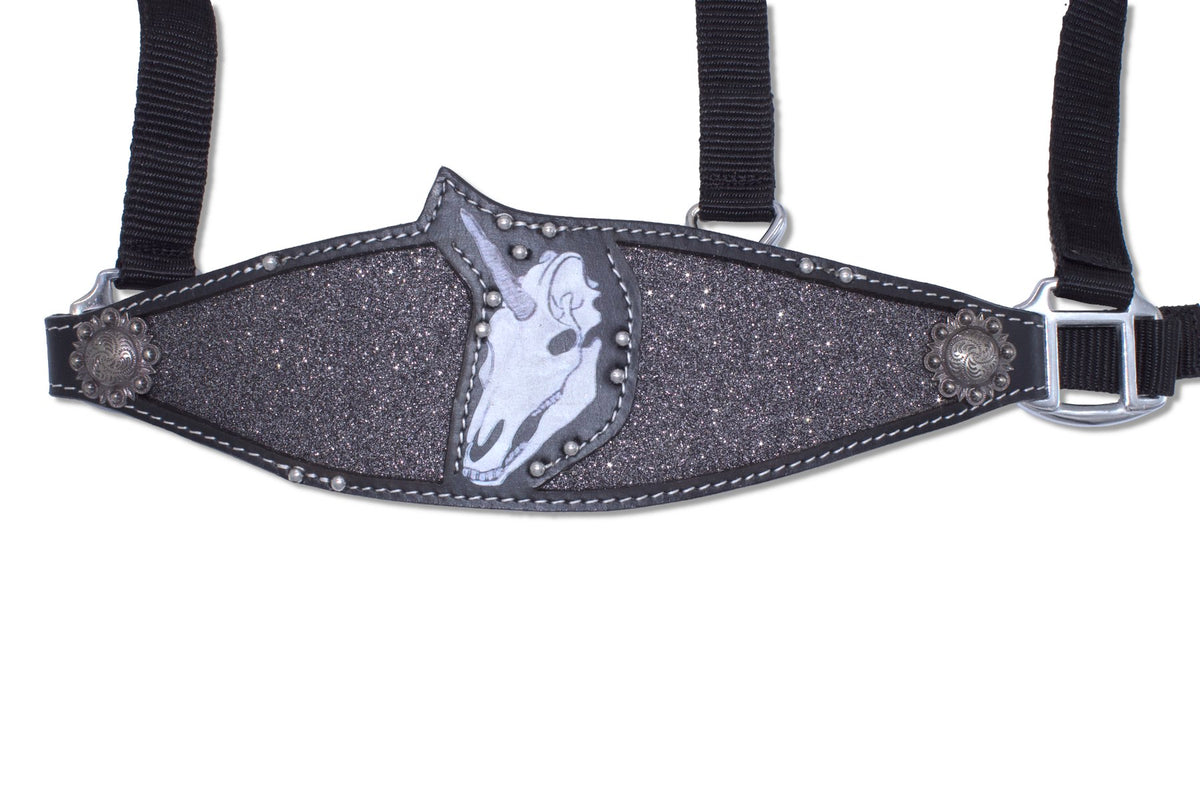 Licol western nylon noir pailleté, crâne de licorne, muserolle cuir