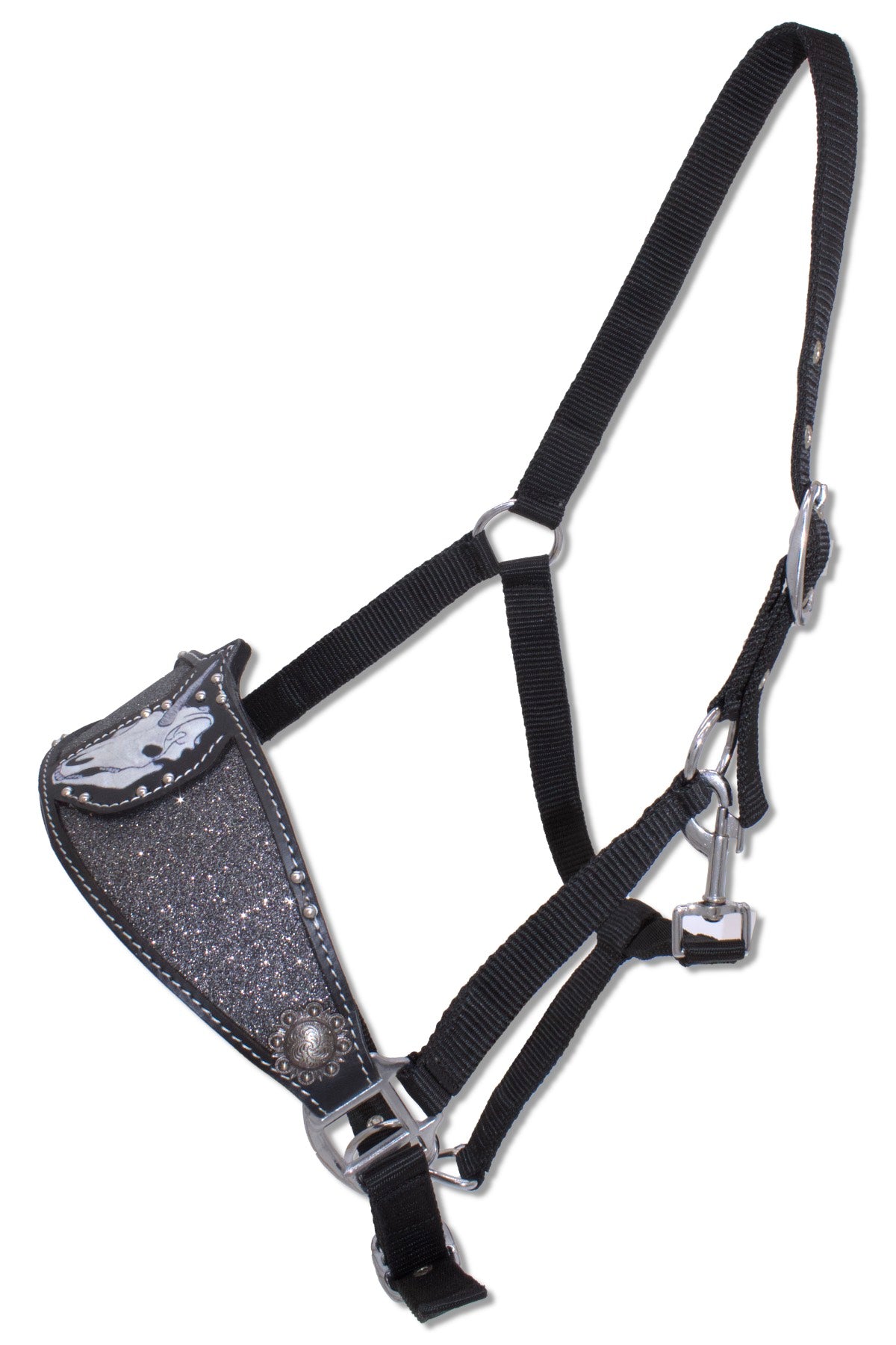 Licol western nylon noir pailleté, crâne de licorne, muserolle cuir