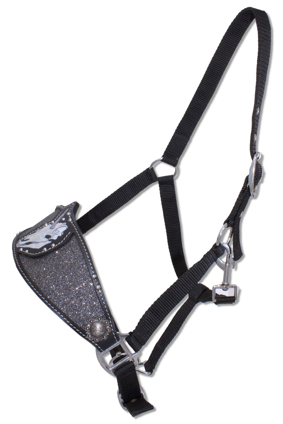 Licol western nylon noir pailleté, crâne de licorne, muserolle cuir