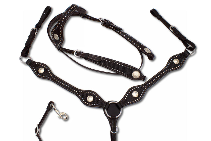 Ensemble bridon et collier western marron foncé, conchos argent gravés