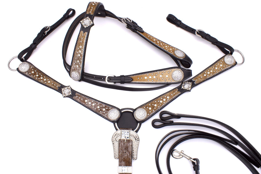 Ensemble western noir, collier à boucle de ceinture strass, crin, rênes