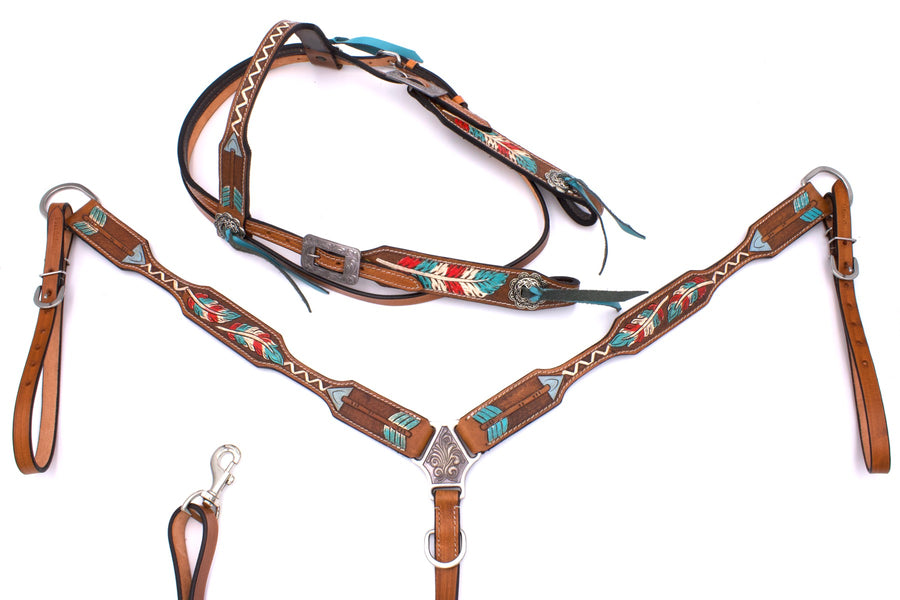 Ensemble western bridon et collier décor plumes et flèches, conchos rubans