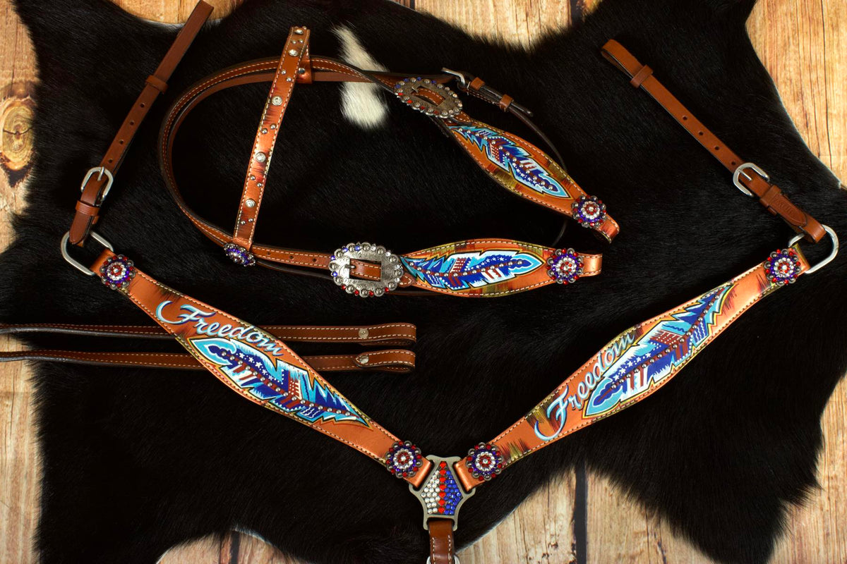 Ensemble western « Freedom » marron, bridon, collier et rênes, strass