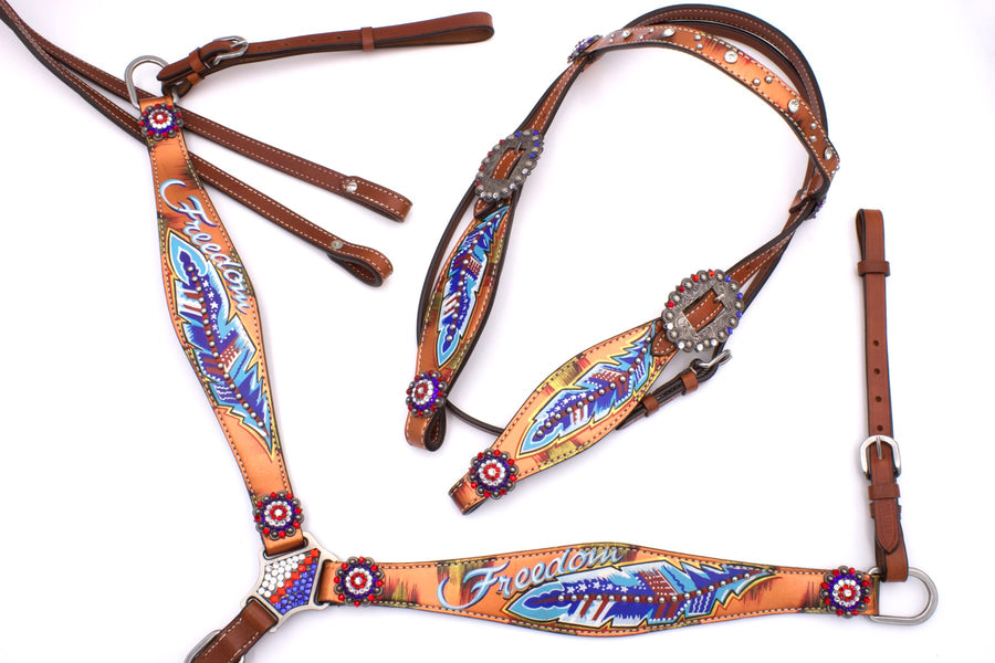 Ensemble western « Freedom » marron, bridon, collier et rênes, strass
