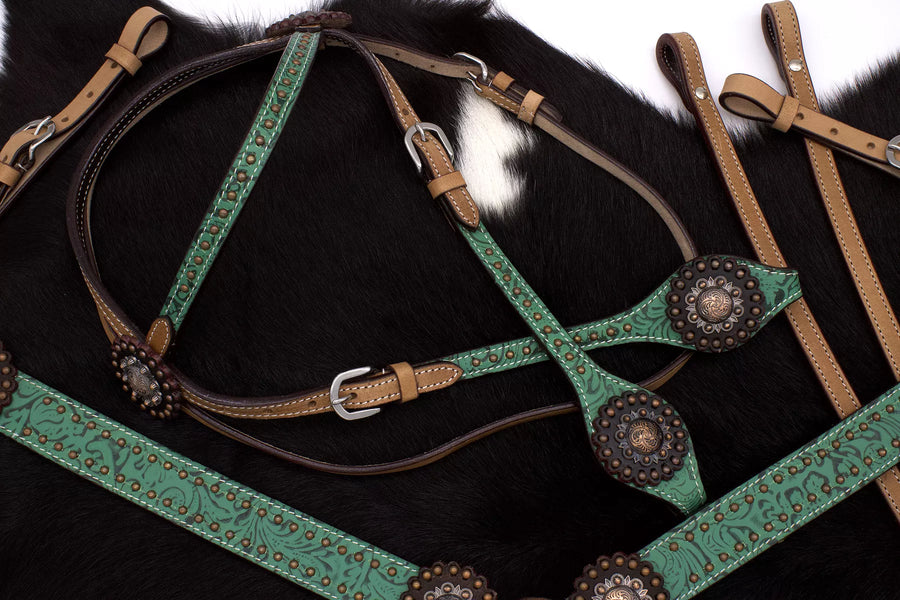 Ensemble western à motif vert, conchos cuivre gravés, avec rênes