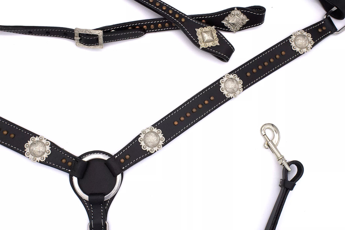 Ensemble western noir une oreille et collier, rivets cuivre, conchos argent
