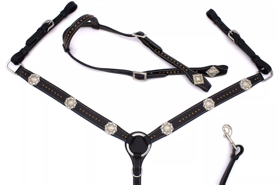 Ensemble western noir une oreille et collier, rivets cuivre, conchos argent