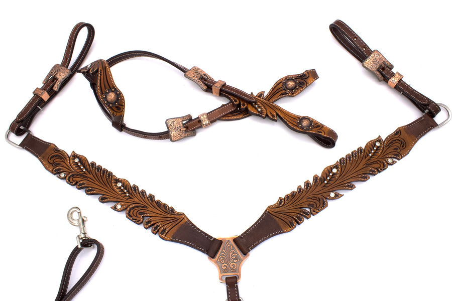Ensemble western vintage une oreille marron foncé, strass, rênes décorées