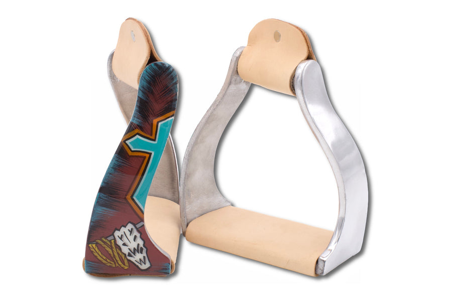 Étriers western twisted aluminium, cuir décoré d'une croix, la paire