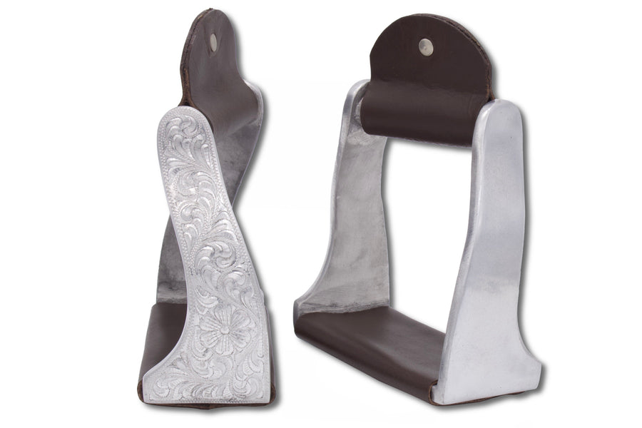 Étriers western twisted aluminium gravé floral, cuir marron foncé