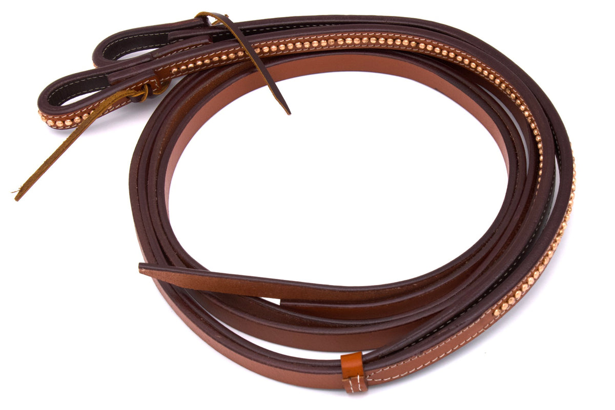 Bridon western vintage frontal en V, nœuds celtiques cuivre, rênes