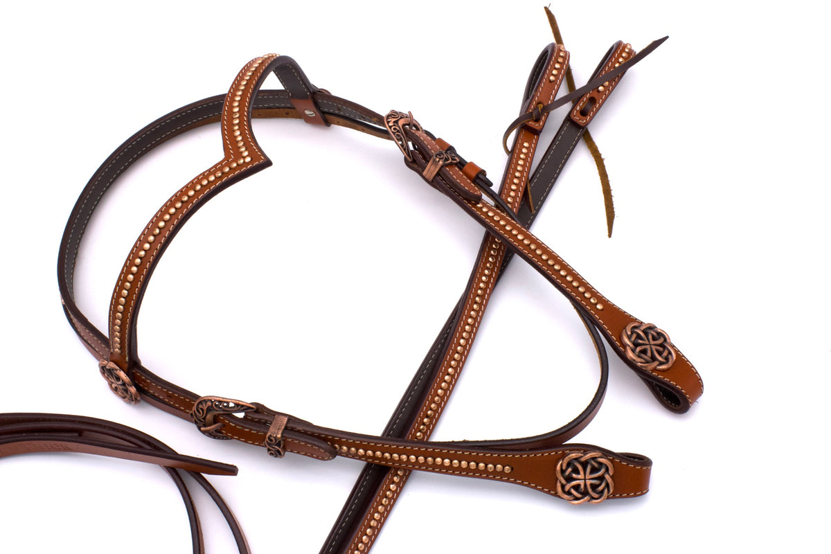 Bridon western vintage frontal en V, nœuds celtiques cuivre, rênes