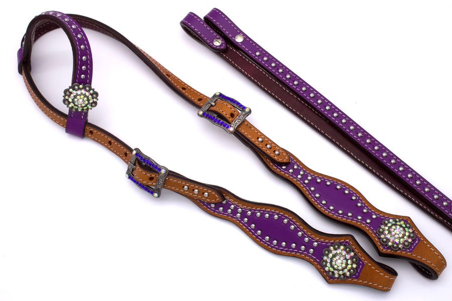 Bridon western une oreille violet avec conchos strass et split reins