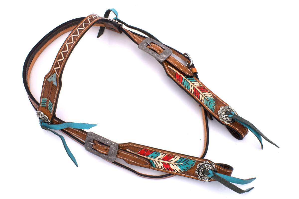 Ensemble western bridon et collier décor plumes et flèches, conchos rubans