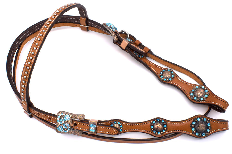 Bridon western taille trait, strass bleus et conchos gravés