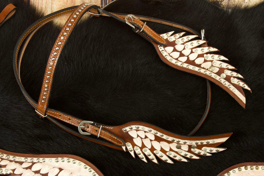 Bridon western Wings en forme d'ailes, blanc, rivets et strass