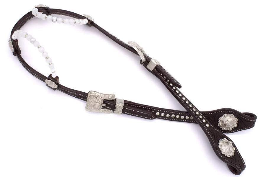 Bridon western deux oreilles marron foncé, strass clairs, perles blanches