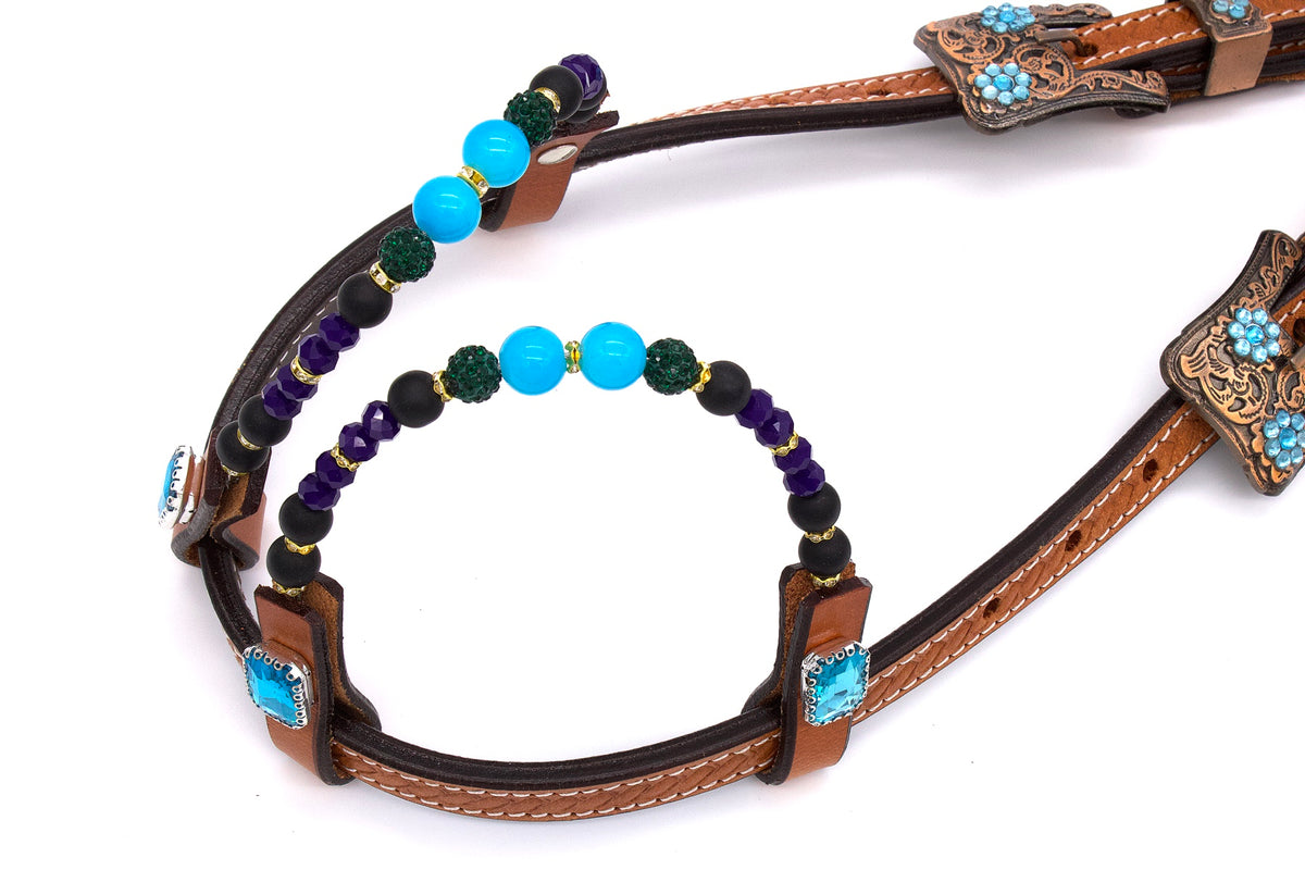Bridon western deux oreilles marron clair, strass turquoise, perles