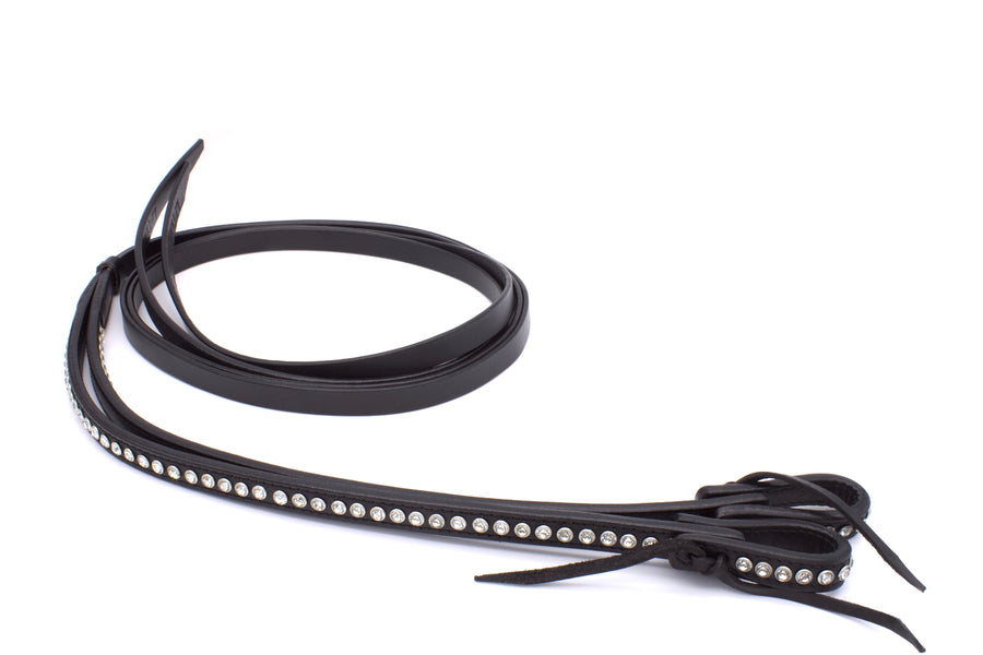 Split reins tout noir à strass, cuir harness, water loops, 220 cm
