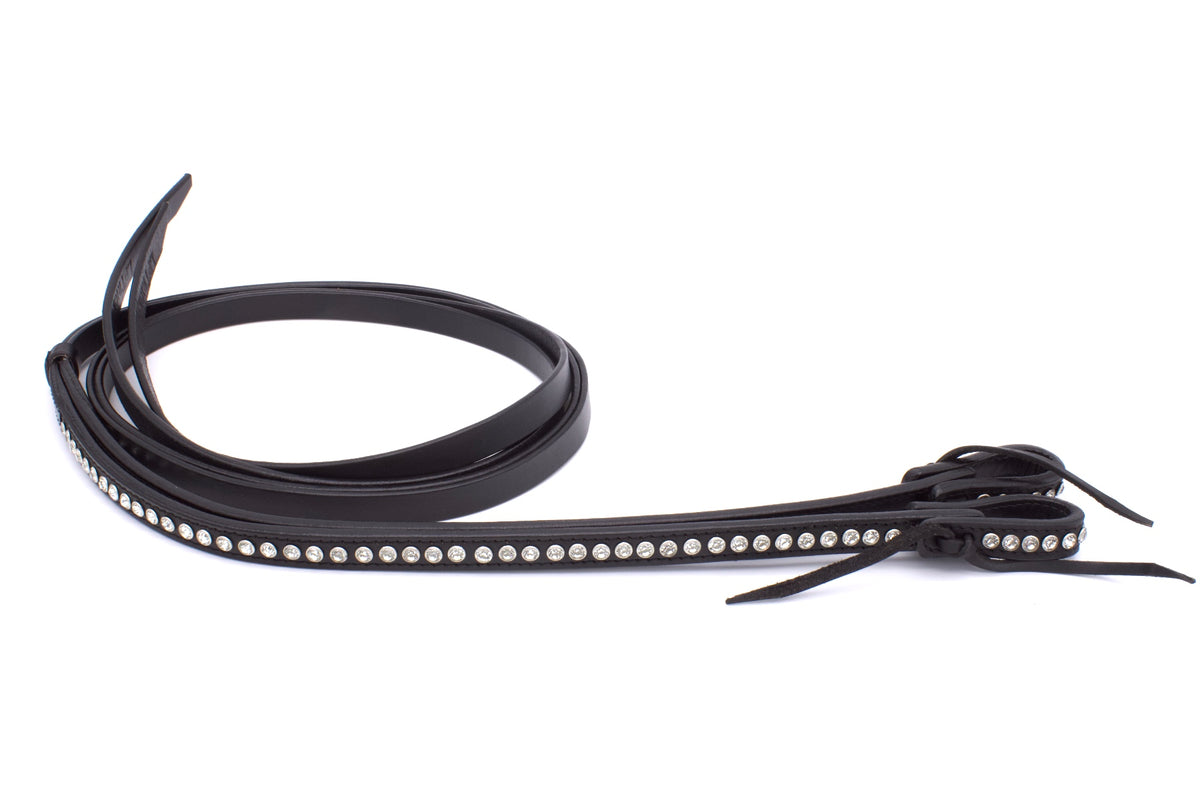 Split reins tout noir à strass, cuir harness, water loops, 220 cm