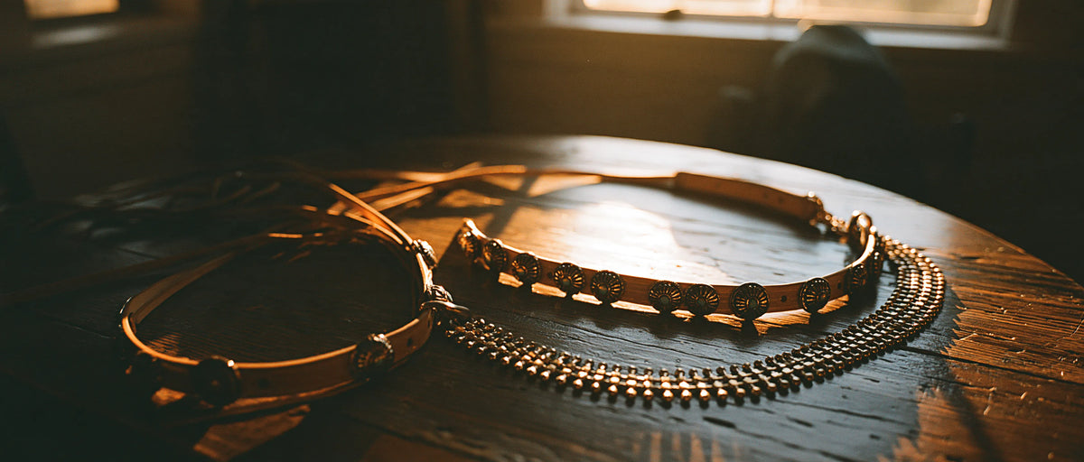 Bridon et collier de chasse western assortis sur une table